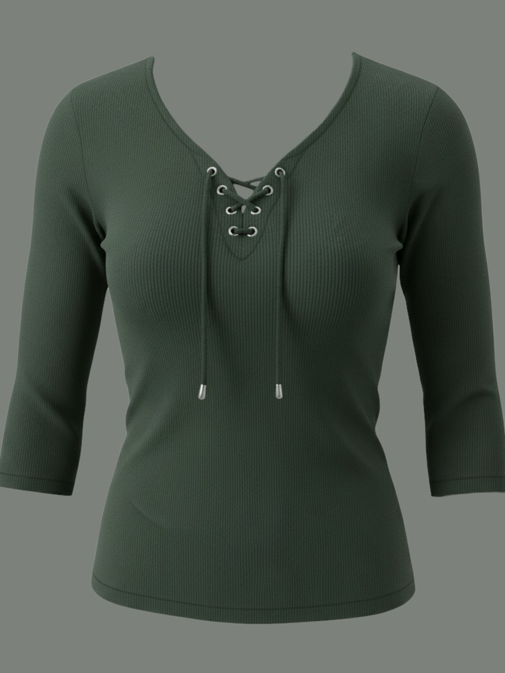 Ashly Brent Olive Green Lace Up Ribbed Top Size XL Cotton Boho Y2K Casual
